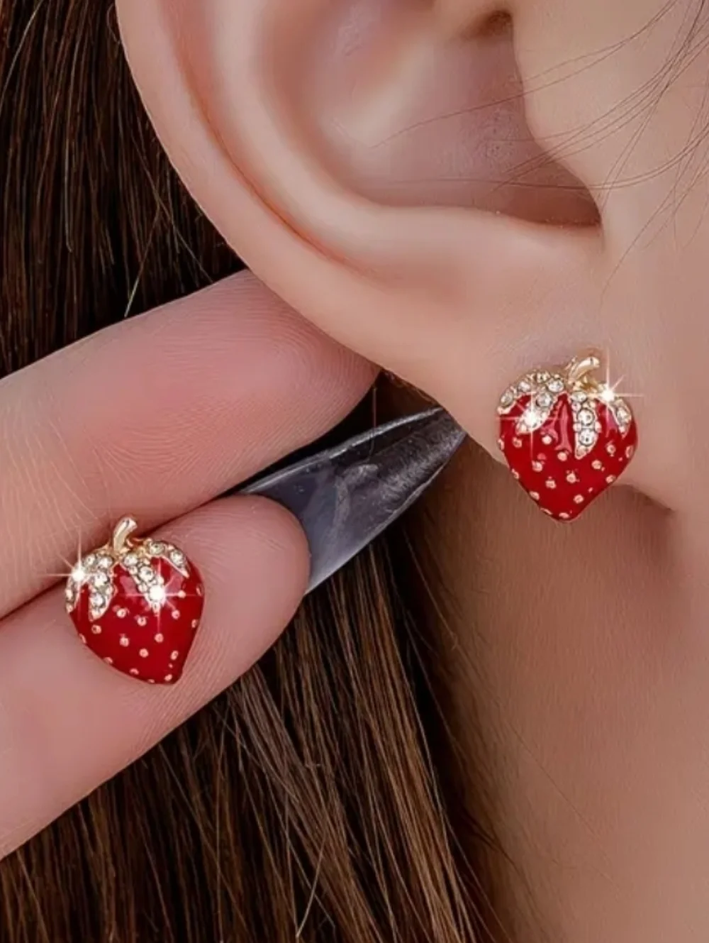 Small Red Strawberry Crystal Stud Earrings -golden Seeds Stud Earrings - Picture 4 of 5